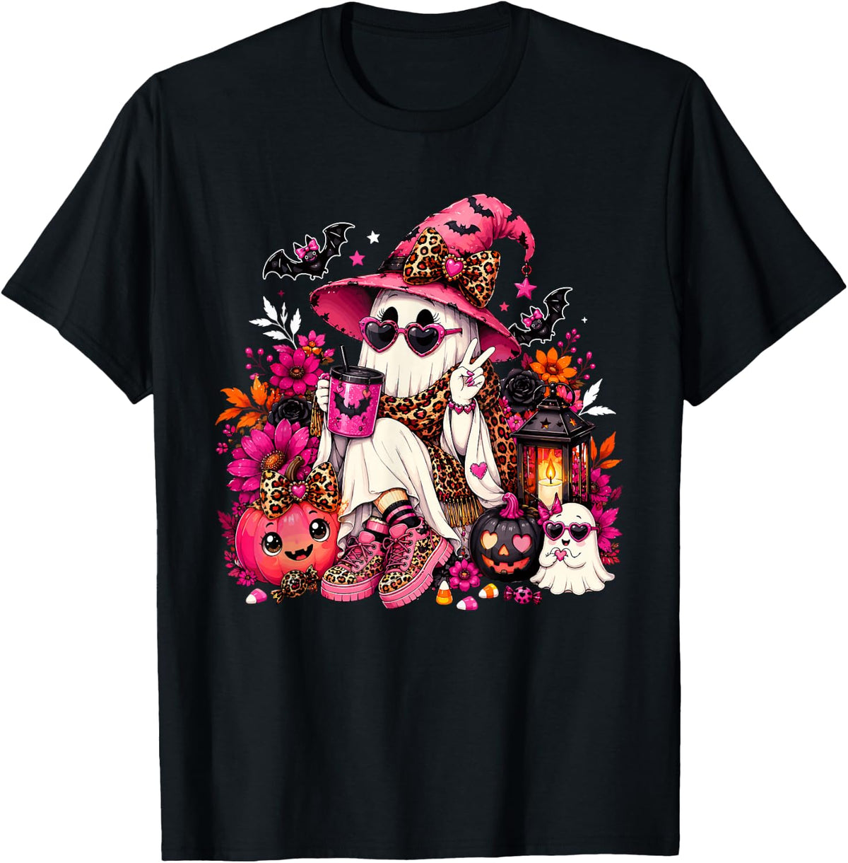 Coquette Pink Ghost Witch Hat Pumpkin Spooky Season Girly T-Shirt - Black