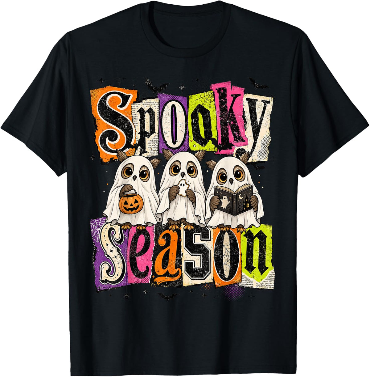 Spooky Season Ghost Owls Book Lover Halloween Tee T-Shirt - Black