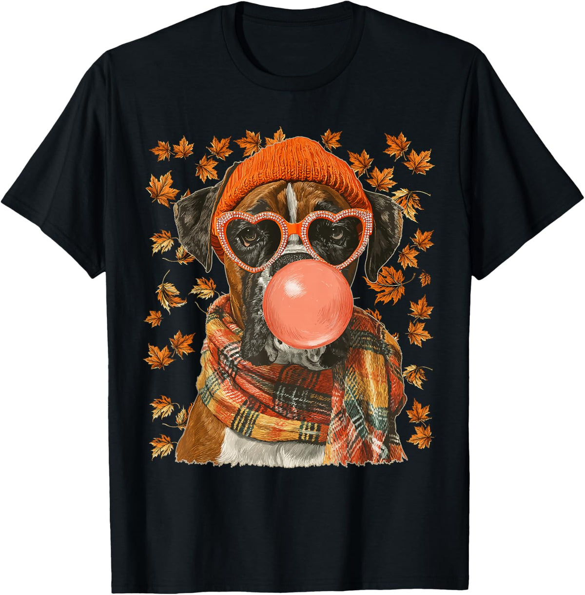 Fall Boxer with Sunglasses Autumn Leaves and Bubblegum T-Shirt - Black