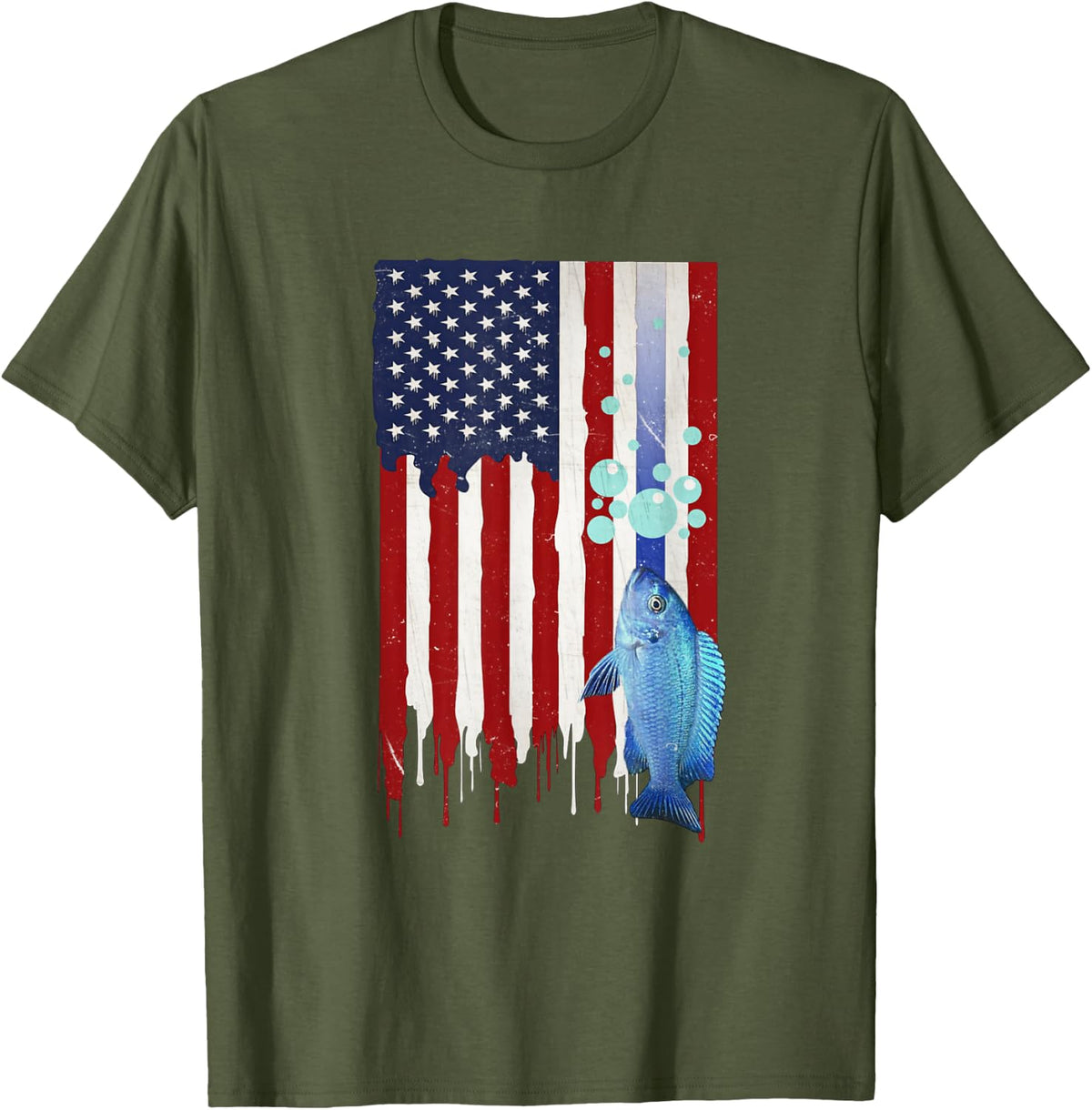 African Cichlids Mbuna America Flag Vintage Aquarium Fish T-Shirt - Olive Green