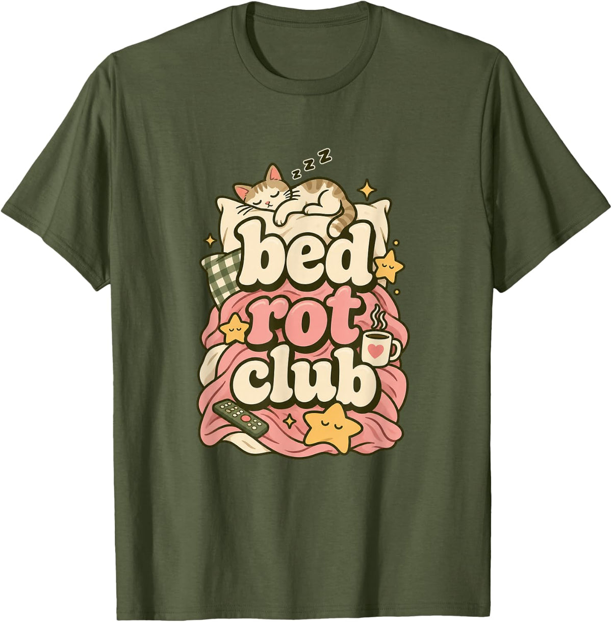 Bed Rot Club Sleeping Cat Graphic T-Shirt - Olive Green