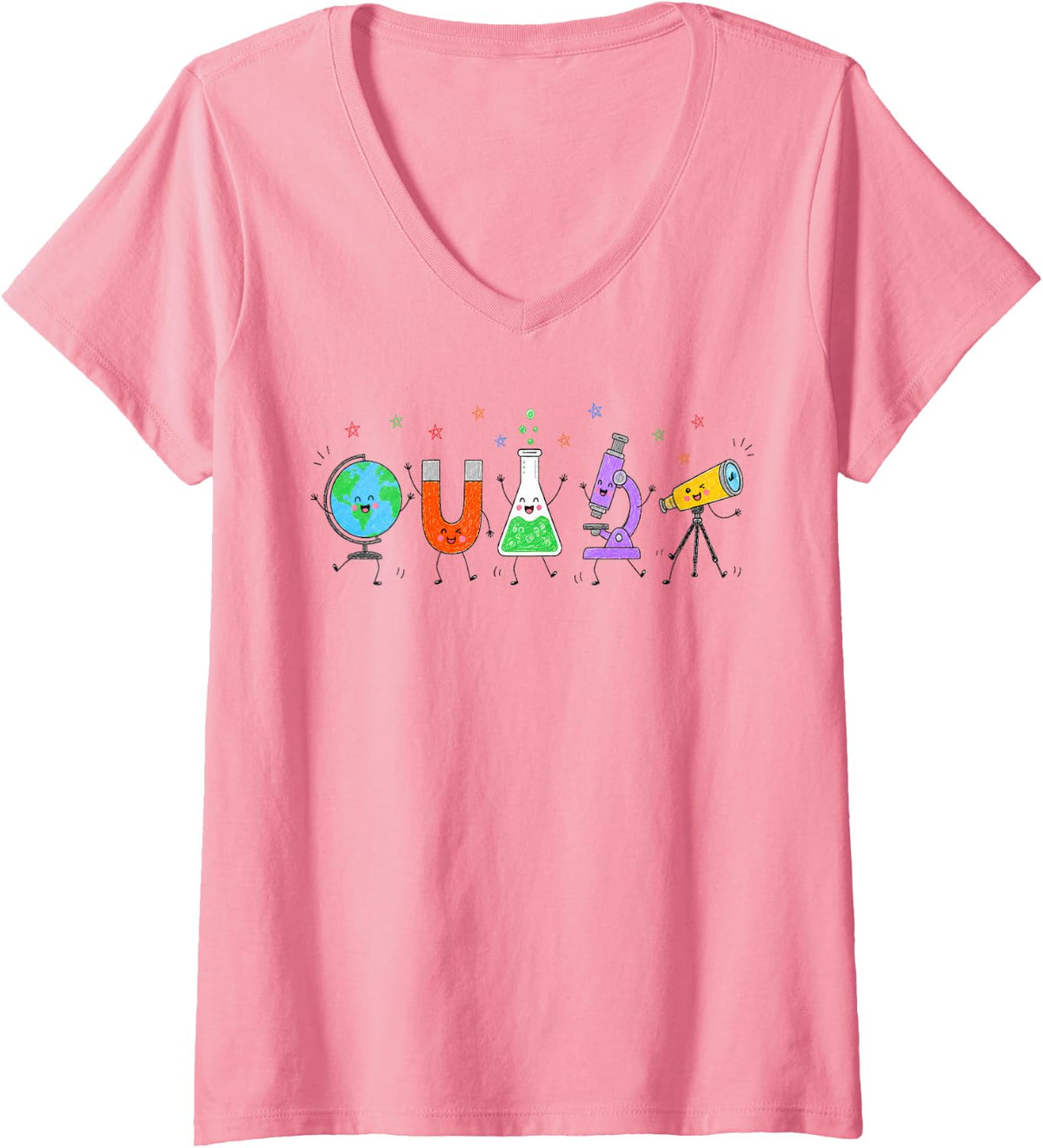 Women's Happy Science Supplies Globe Magnet Flask Microscope V-Neck T-Shirt - Pink