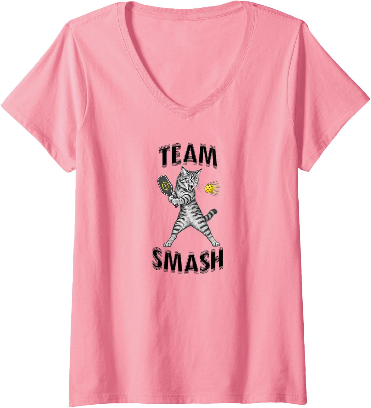 Women's Artistic Tabby Cat Playing Pickleball - Team Smash! V-Neck T-Shirt - Pink