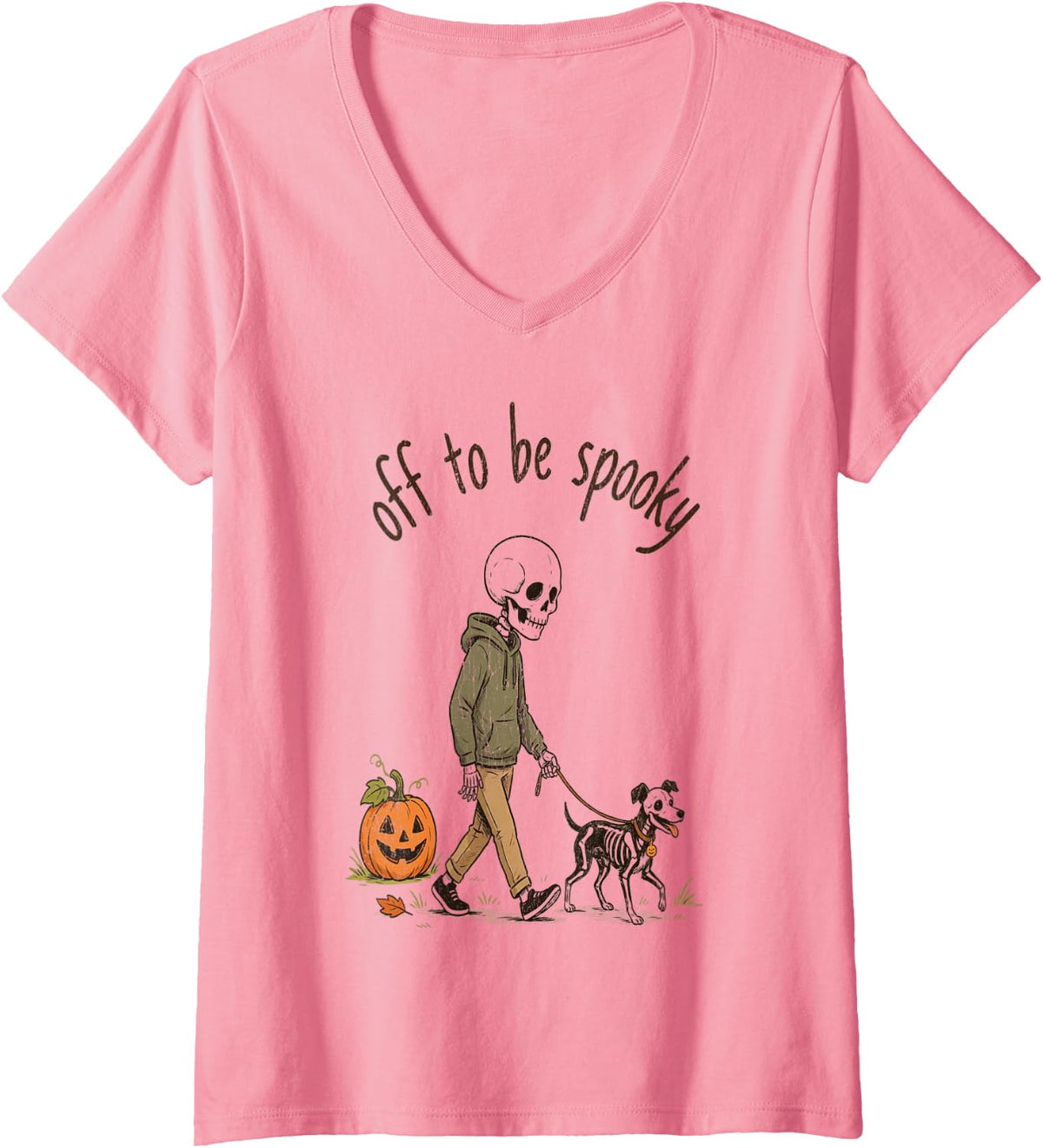 Women's of to be Spooky Season Halloween Vibes Skeleton Pumpkin Dog V-Neck T-Shirt - Pink