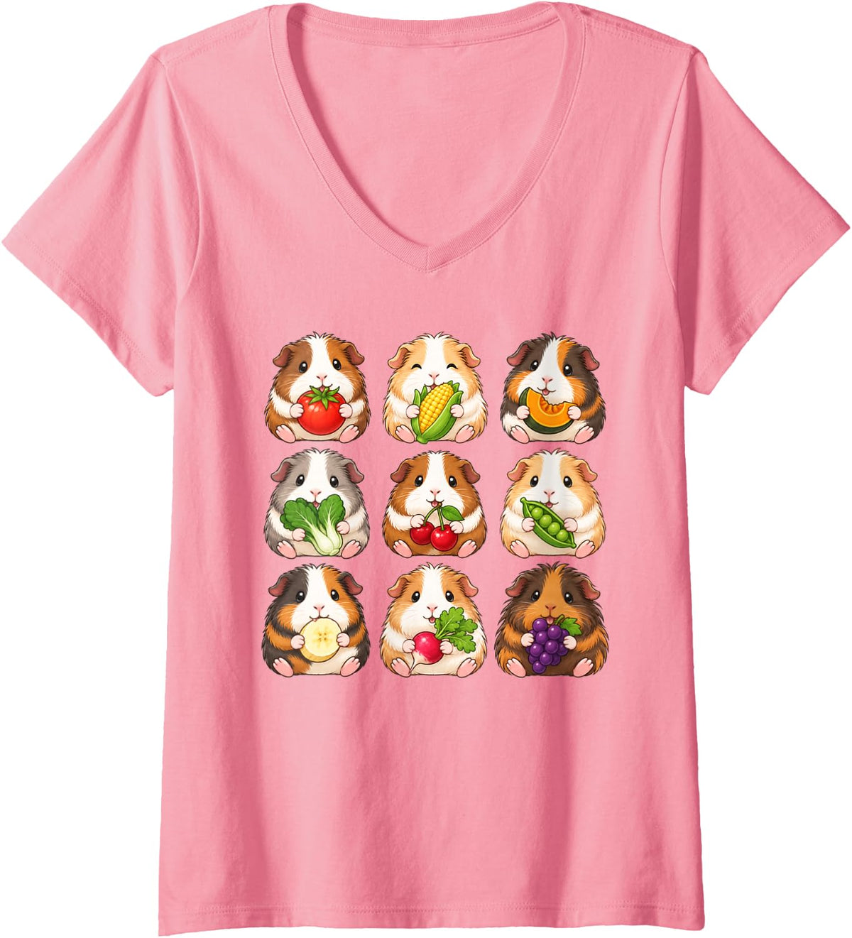 Women's Guinea Pig Kawaii Snack Grid Rodent Pet Animal Lover V-Neck T-Shirt - Pink