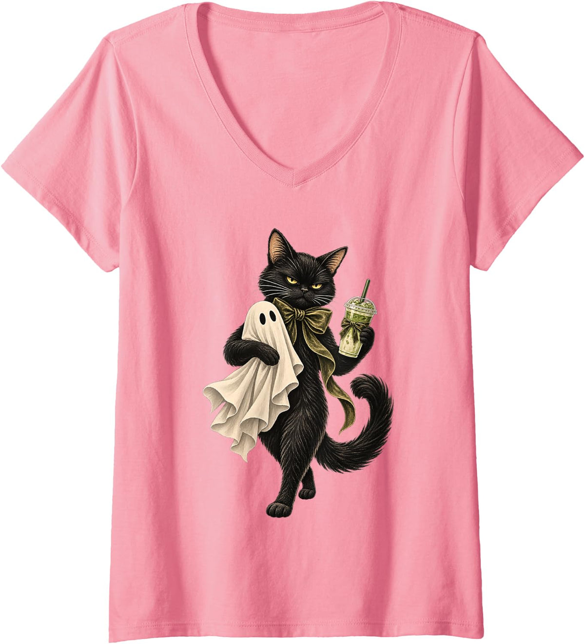 Women's Black Cat Holding Ghost Matcha Latte Spooky Halloween V-Neck T-Shirt - Pink