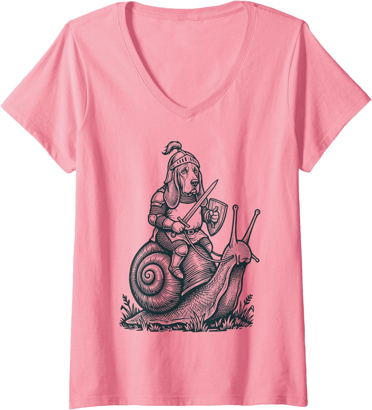 Women's Basset Hound Knight Snail V-Neck T-Shirt - Pink