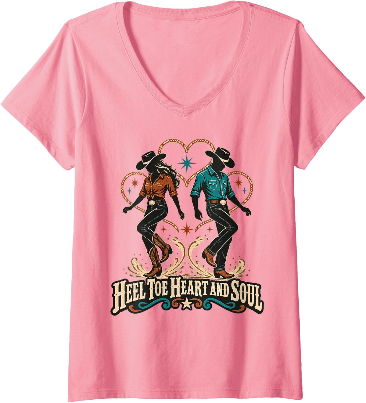 Women's Heel Toe Heart and Soul Country Line Dance V-Neck T-Shirt - Pink