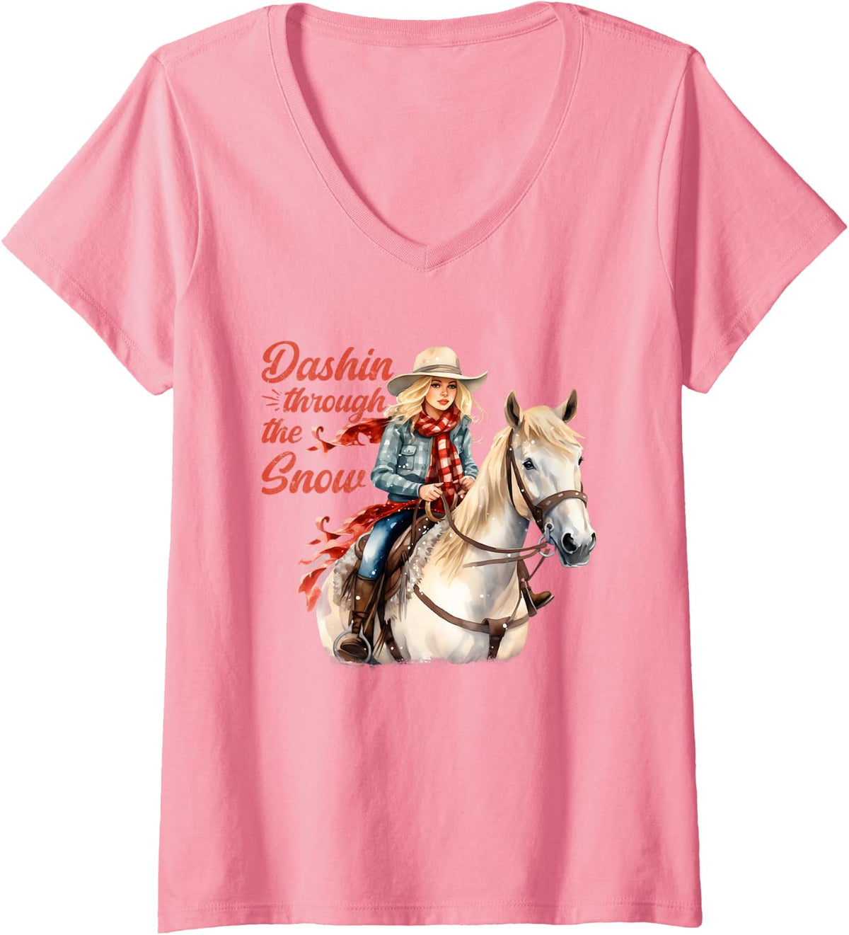 Women's Xmas Dashing Horseback Rider Western Christmas Cowgirl V-Neck T-Shirt - Pink