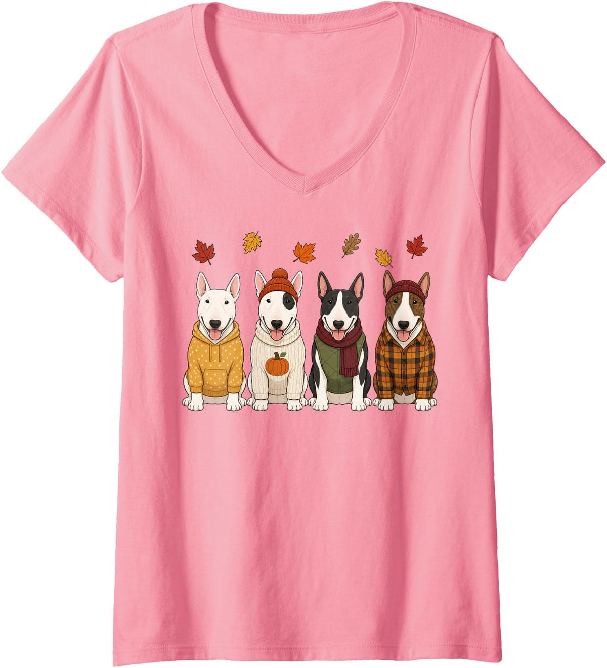 Women's Bull Terrier Fall Autumn Season Pumpkin Dog V-Neck T-Shirt - Pink