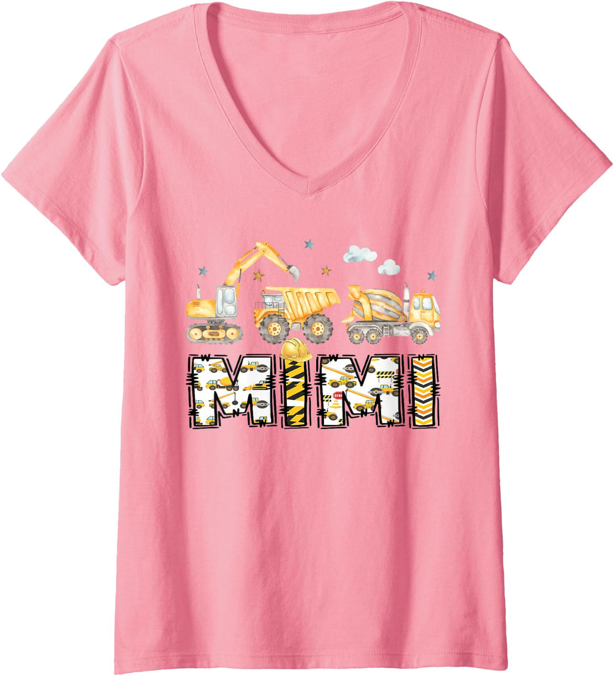 Women's Mimi of the Birthday Boy Construction Excavator Crew V-Neck T-Shirt - Pink