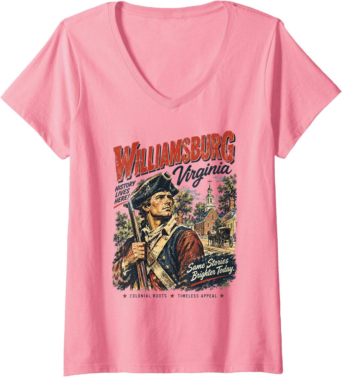 Women's Williamsburg Virginia | History Lives Here Retro Travel V-Neck T-Shirt - Pink
