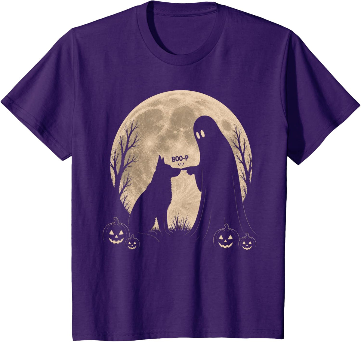 Retro German Shepherd Dog Boop Ghost Halloween Moon T-Shirt - Purple