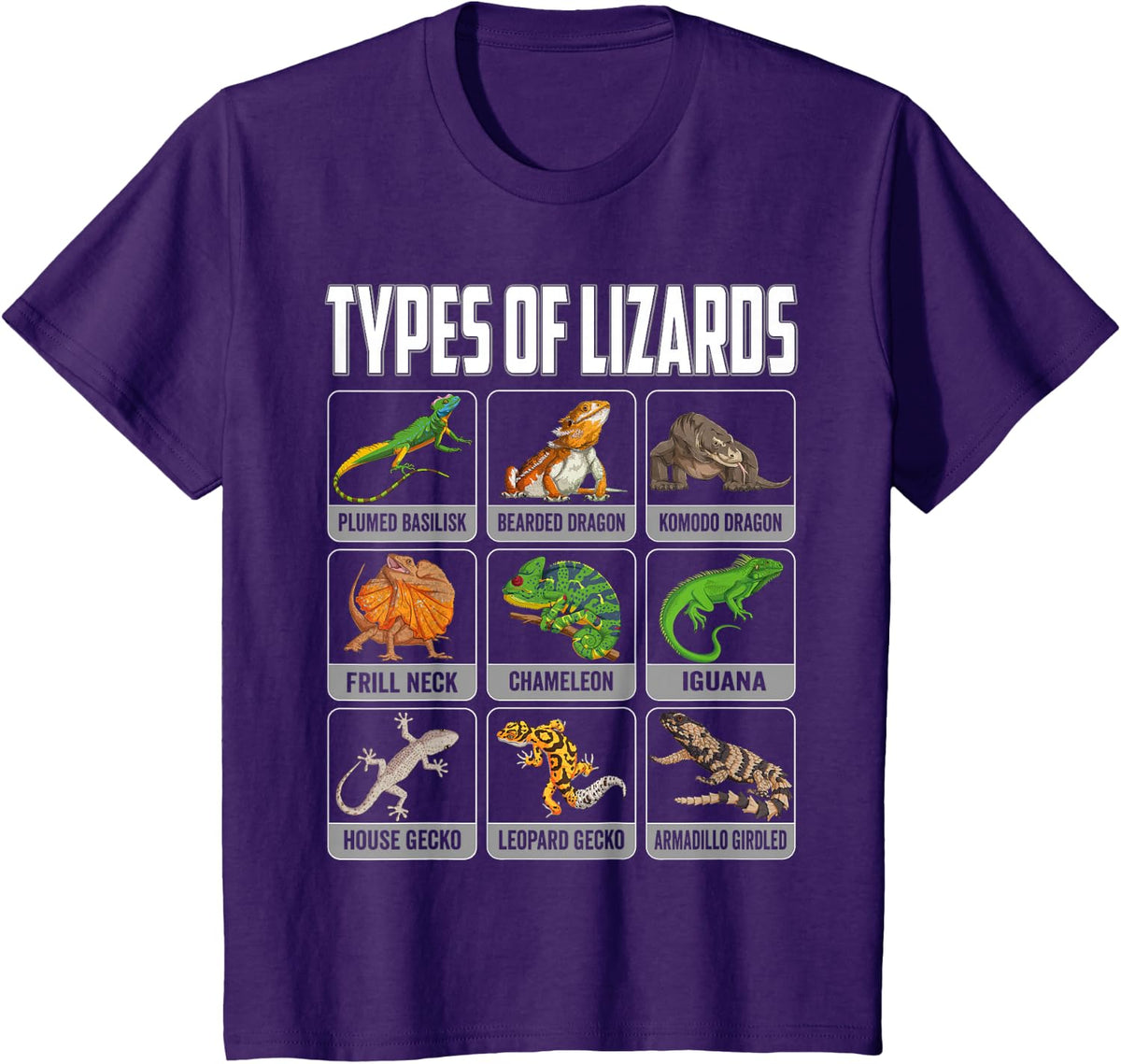Types of Lizards Reptile Shirt Herpetology Bearded Dragon Tee T-Shirt Men Boys Kids - Purple