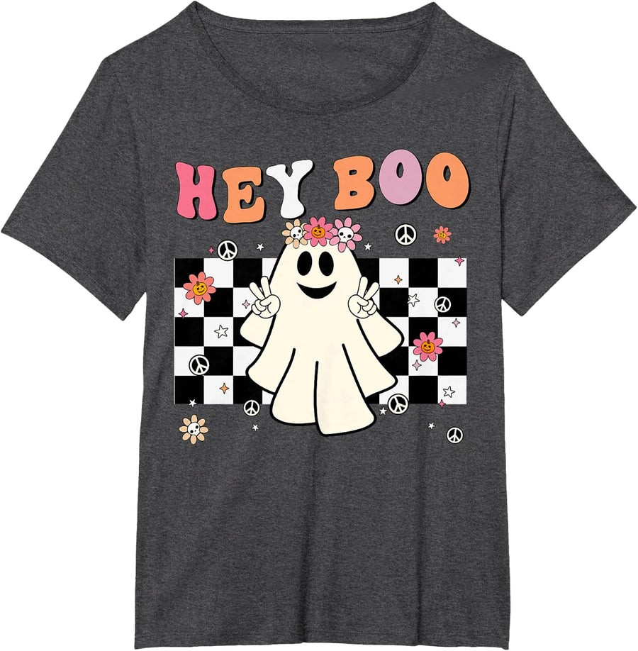 Cute Hey Boo Ghost Women Girl Toddler Funny Halloween Groovy T-Shirt - Dark Heather Grey