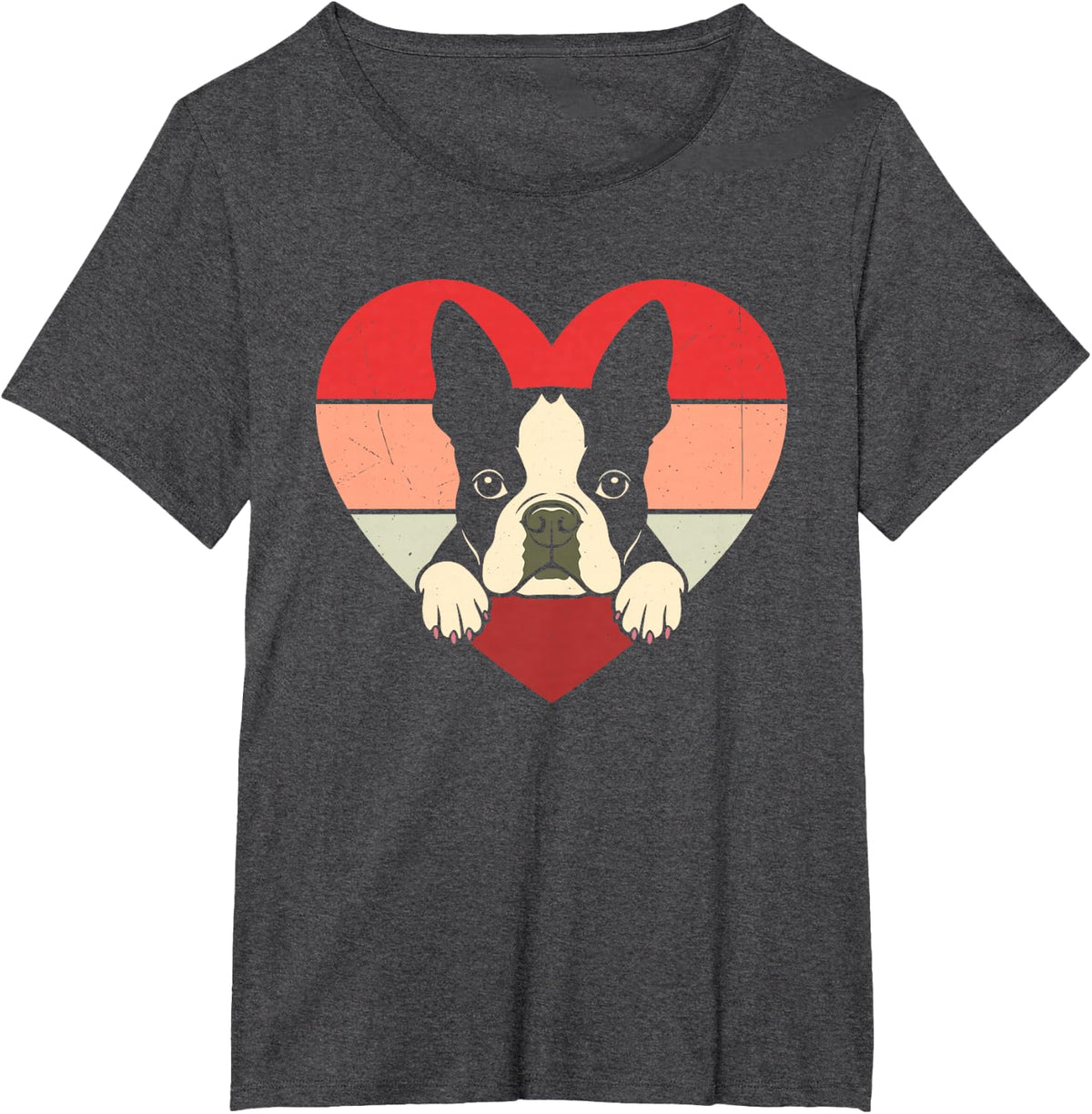 Retro Heart Boston Terrier Dog Vintage Valentine Tees T-Shirts For Women Men - Dark Heather Grey