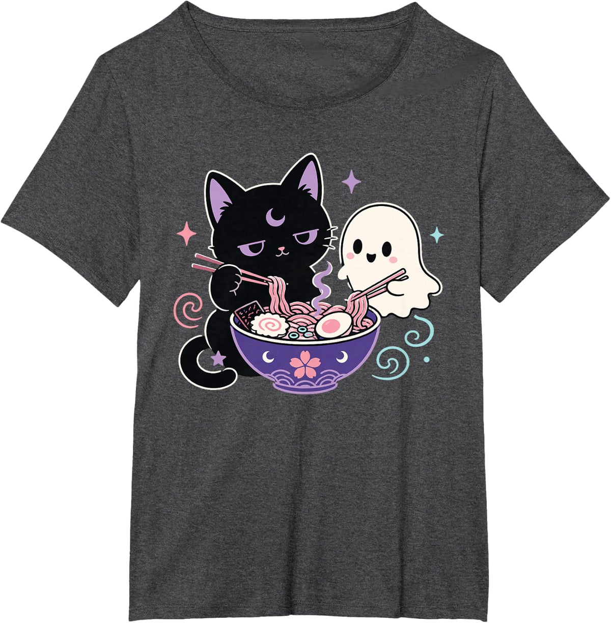 Creepy Kawaii Black Cat Ghost Eating Ramen Pastel Goth T-Shirt - Dark Heather Grey