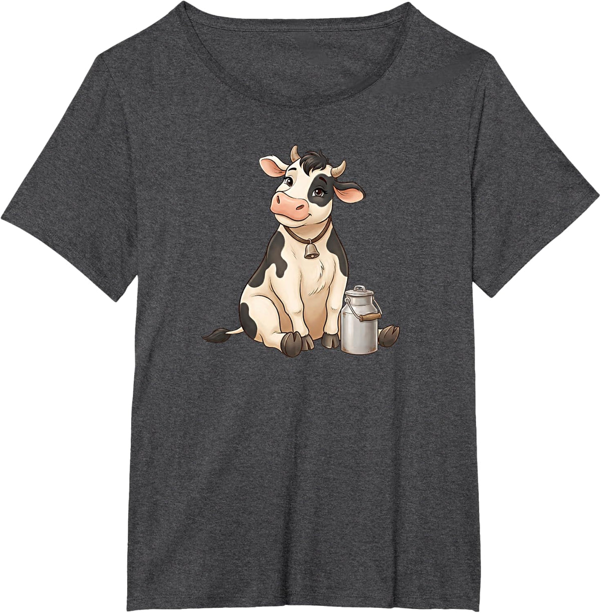 Cute Cartoon Cow Sitting with Milk Can T-Shirt - Dark Heather Grey