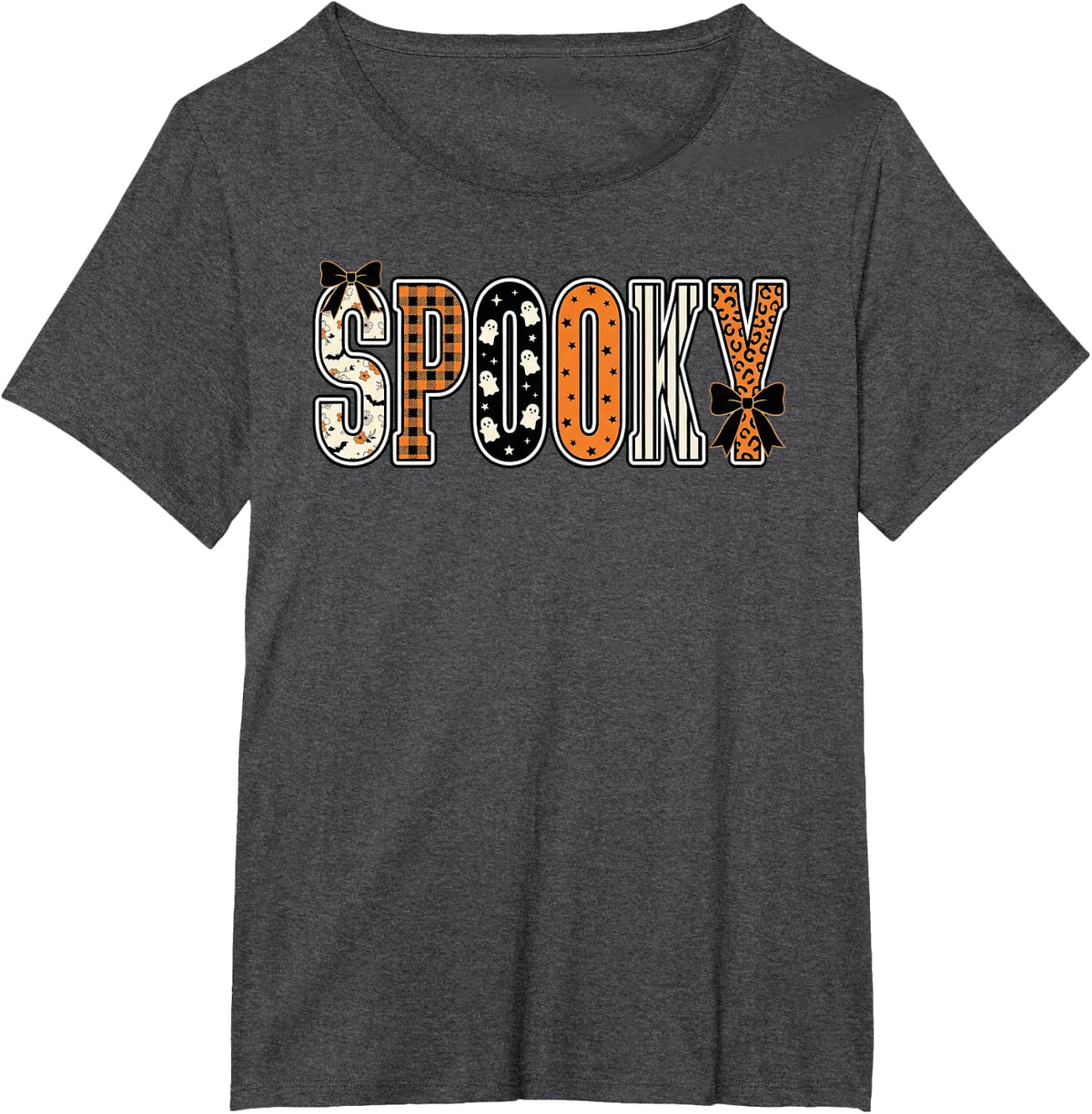 Cute Spooky Halloween Ghost Leopard Pattern Bows T-Shirt - Dark Heather Grey