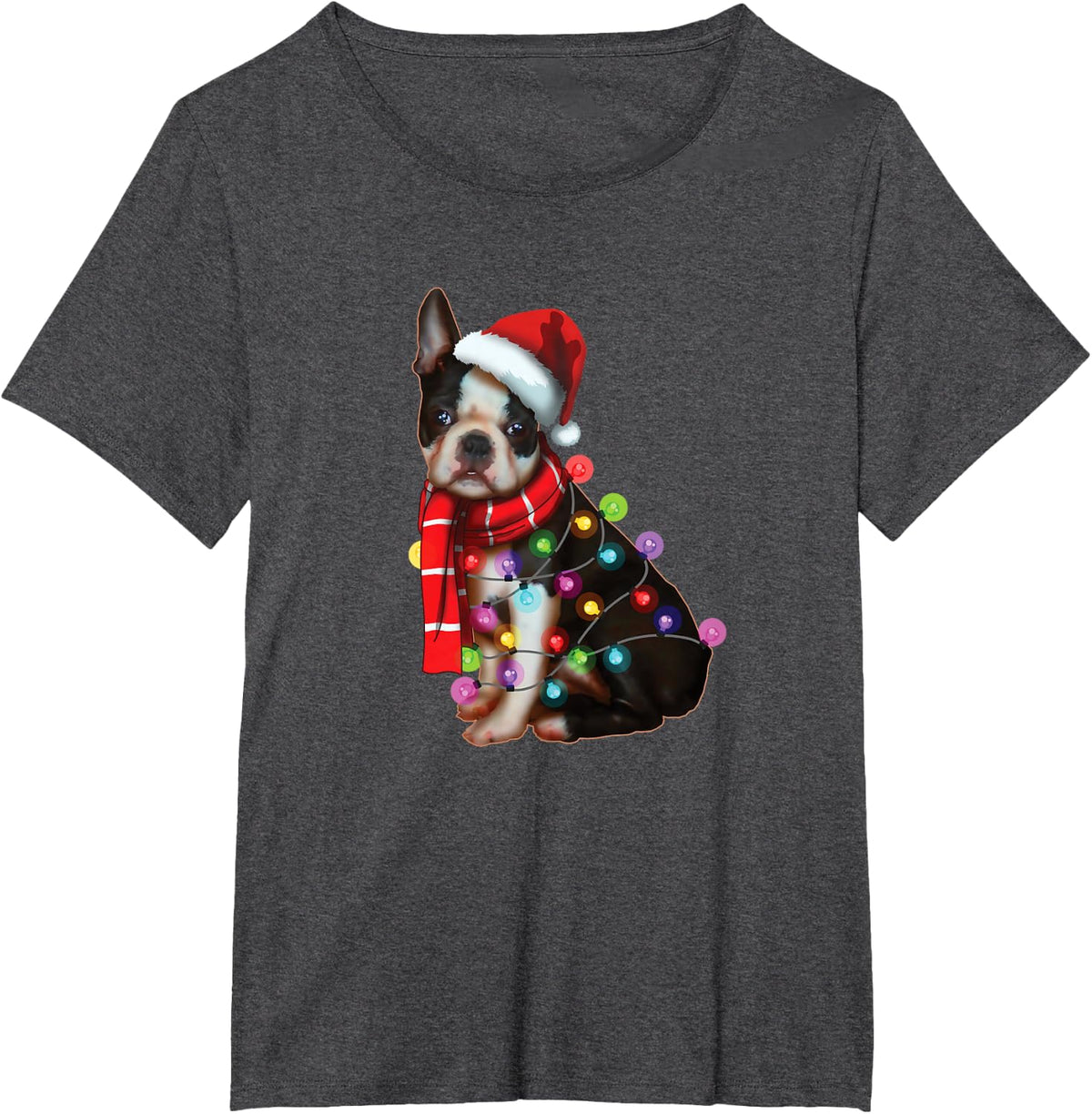 Christmas Santa Dog, Boston Terrier, Dog Lovers, Xmas T-Shirt - Dark Heather Grey