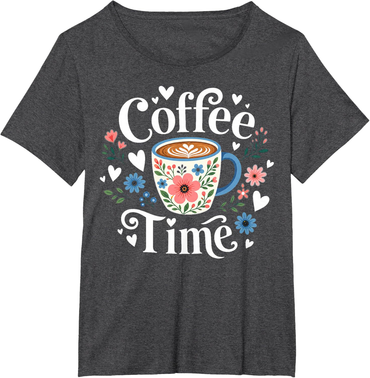 Coffee Time Floral Coffee Cup Design T-Shirt - Dark Heather Grey