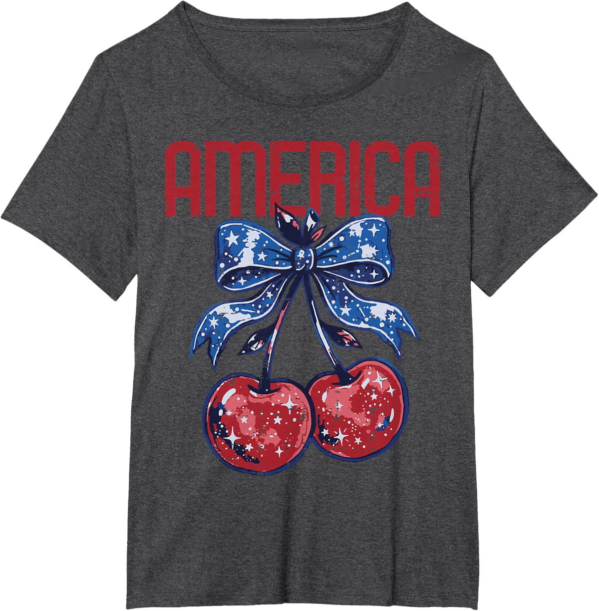 4th of July America Cherry Bow Patriotic Women Girls Kids T-Shirt - Dark Heather Grey