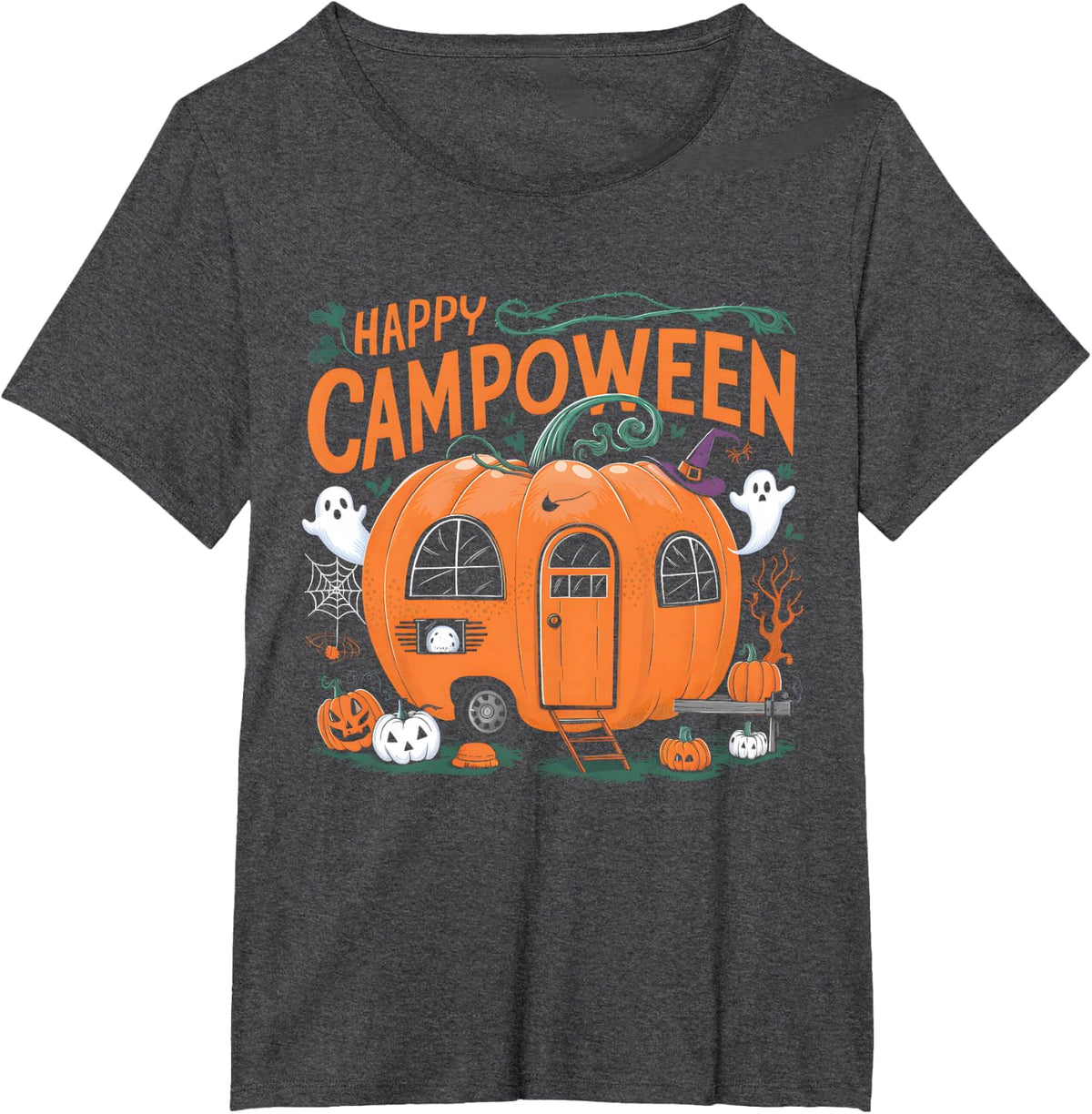 Happy Camp-O-Ween Halloween Camping Ghosts and Campfires T-Shirt - Dark Heather Grey
