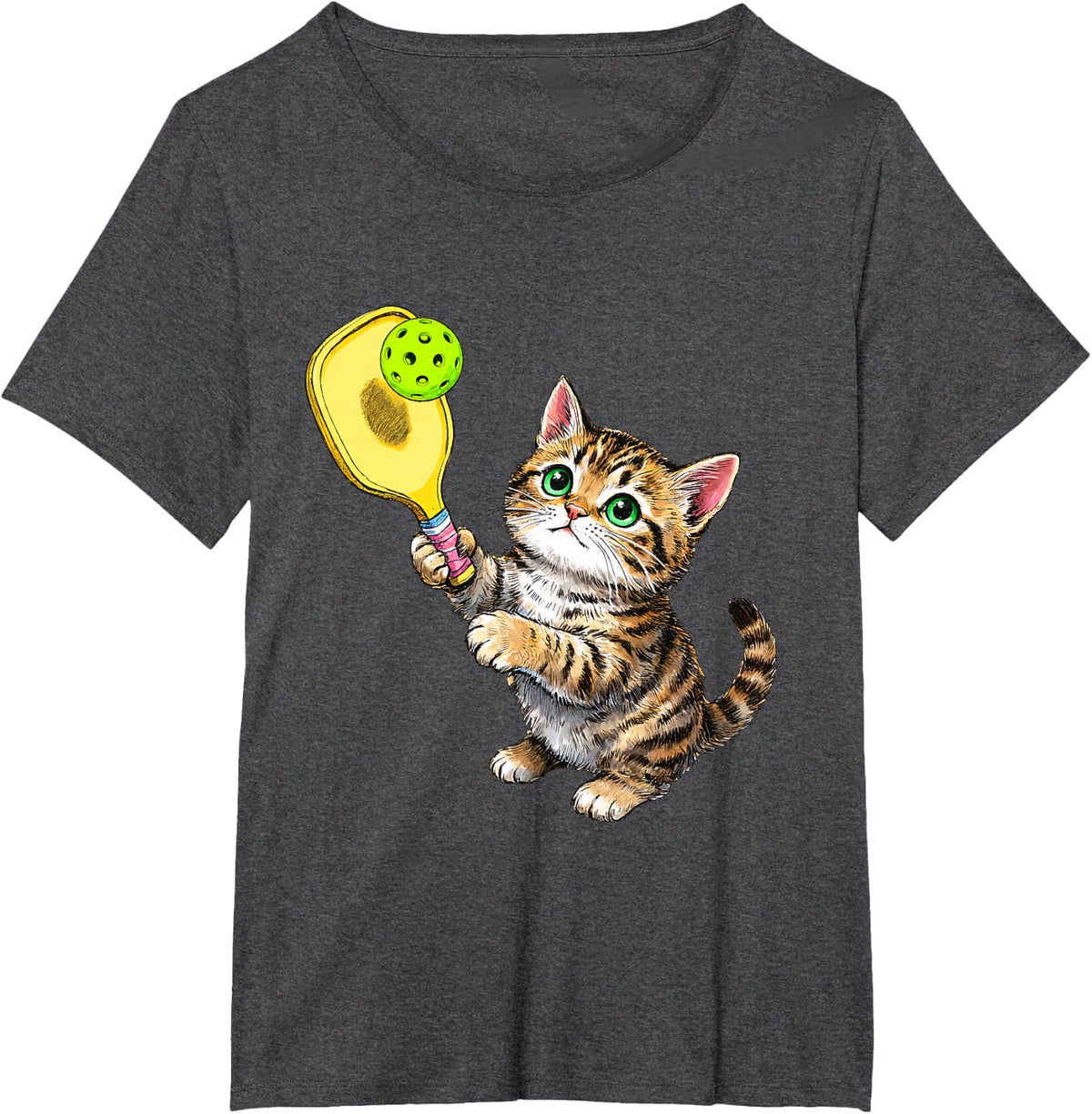 Funny Kitten Playing Pickleball Tabby Cat Paddleball Player T-Shirt - Dark Heather Grey