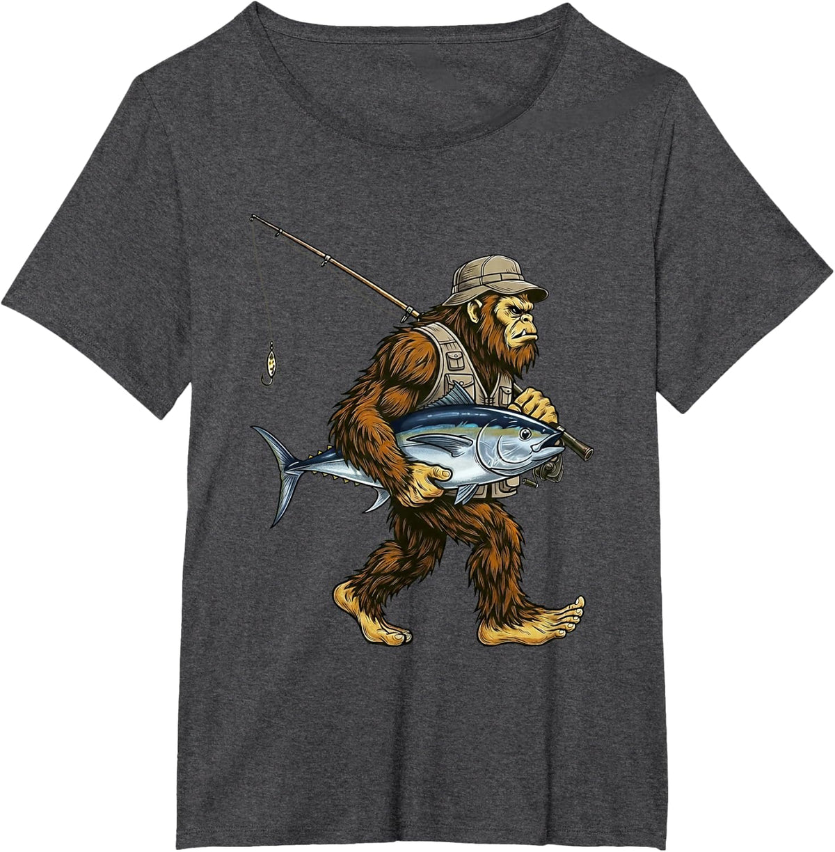 Tuna Bigfoot Fisherman Saltwater Fishing Sasquatch T-Shirt - Dark Heather Grey