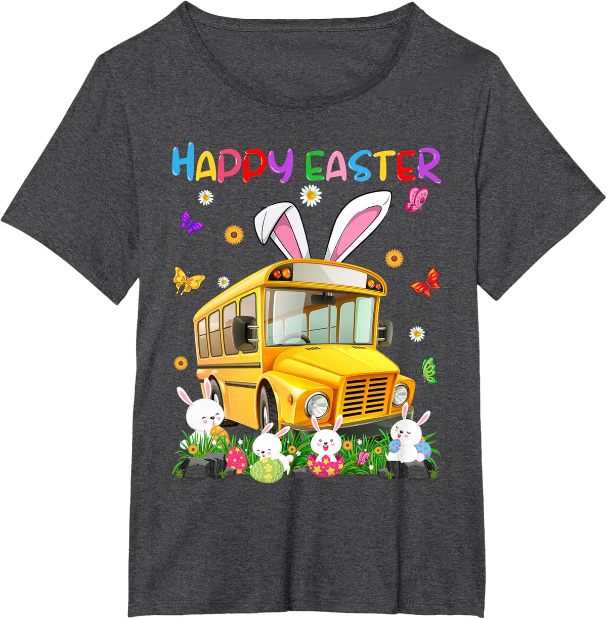 School Bus With Bunny Ears Bunnies & Easter Eggs Easter Day T-Shirt - Dark Heather Grey