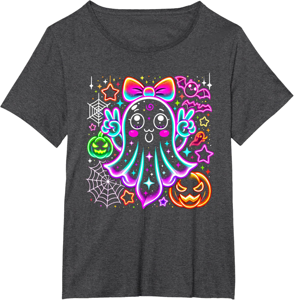 Cute Ghost Halloween Spooky Season Pumpkin T-Shirt - Dark Heather Grey