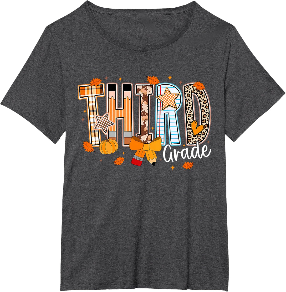 Third Grade Fall Floral Coquette Bow Teachers Students T-Shirt - Dark Heather Grey