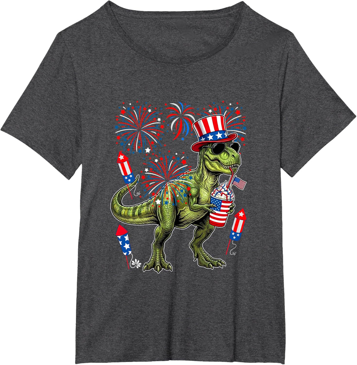 T-Rex Sunglasses Coffeee 4th of July US Flag Fireworks T-Shirt - Dark Heather Grey