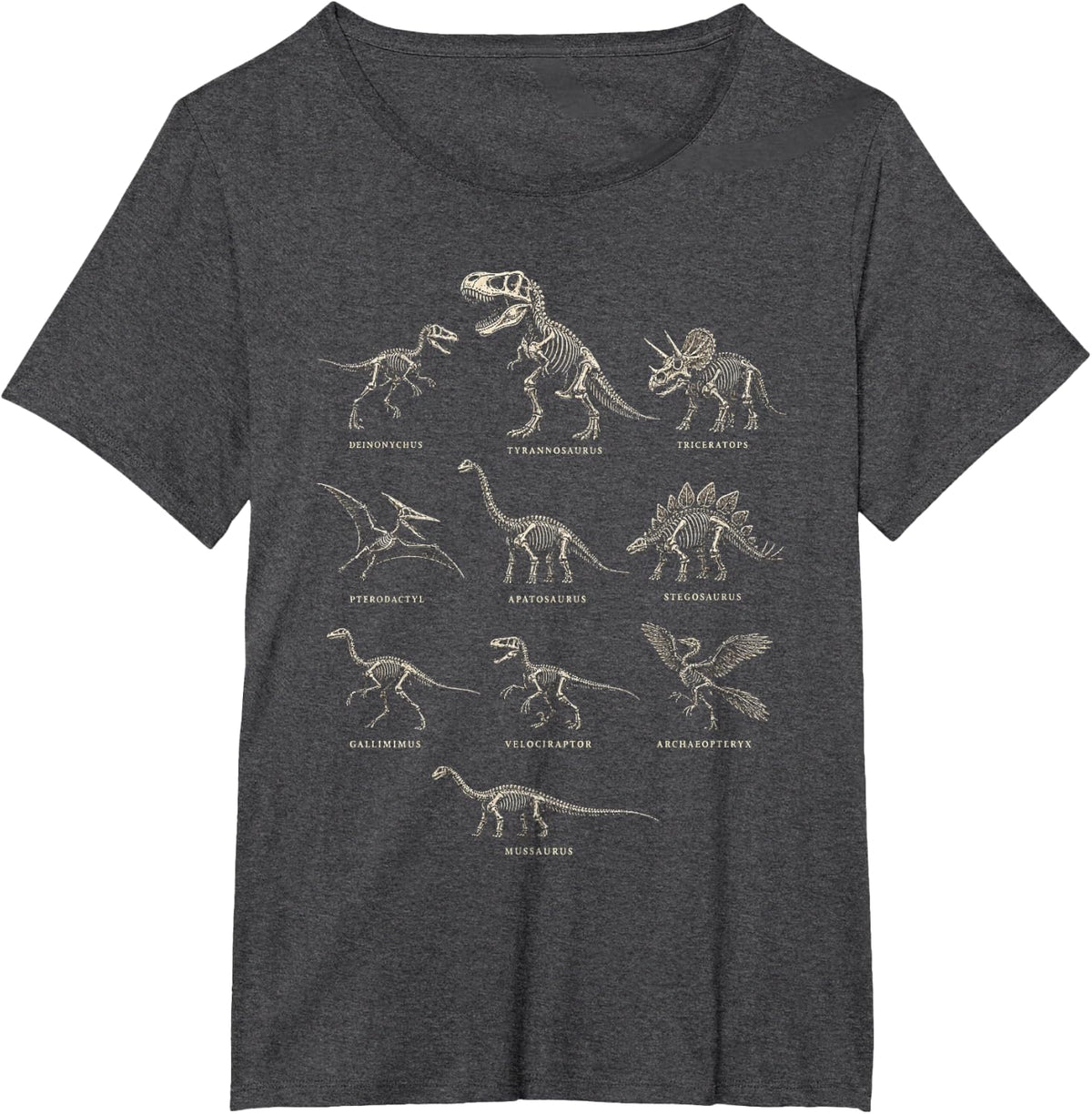 Dinosaur Fossil Chart T Rex Velociraptor Triceratops Names T-Shirt - Dark Heather Grey