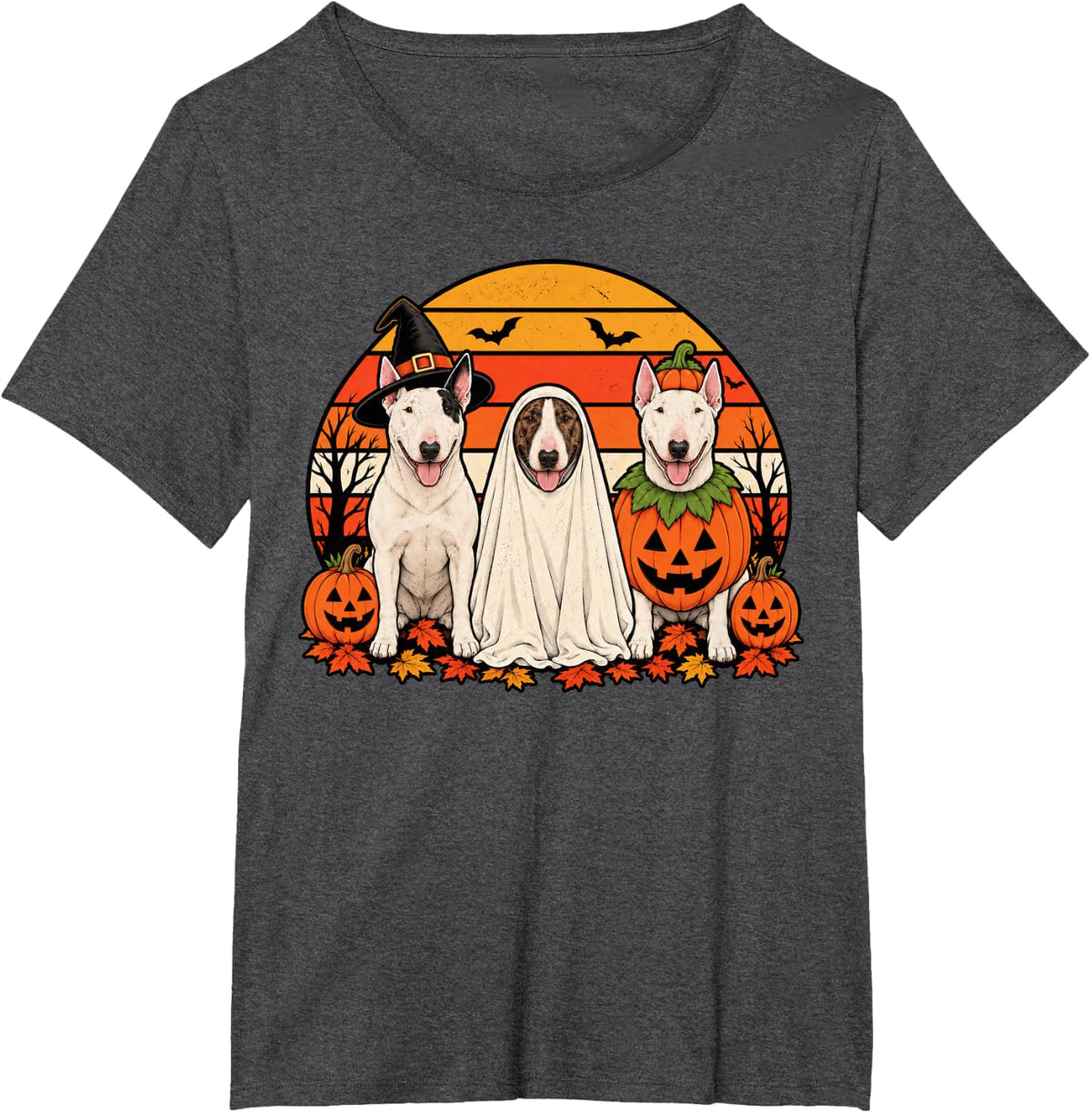 Spooky Bull Terrier Pumpkin Ghost Halloween Dog Lover T-Shirt - Dark Heather Grey