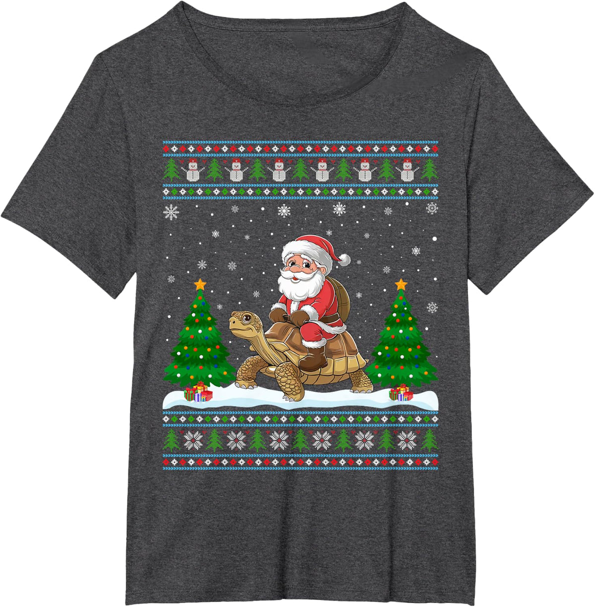 Ugly Xmas Lighting Tree Santa Riding Tortoise Christmas T-Shirt - Dark Heather Grey