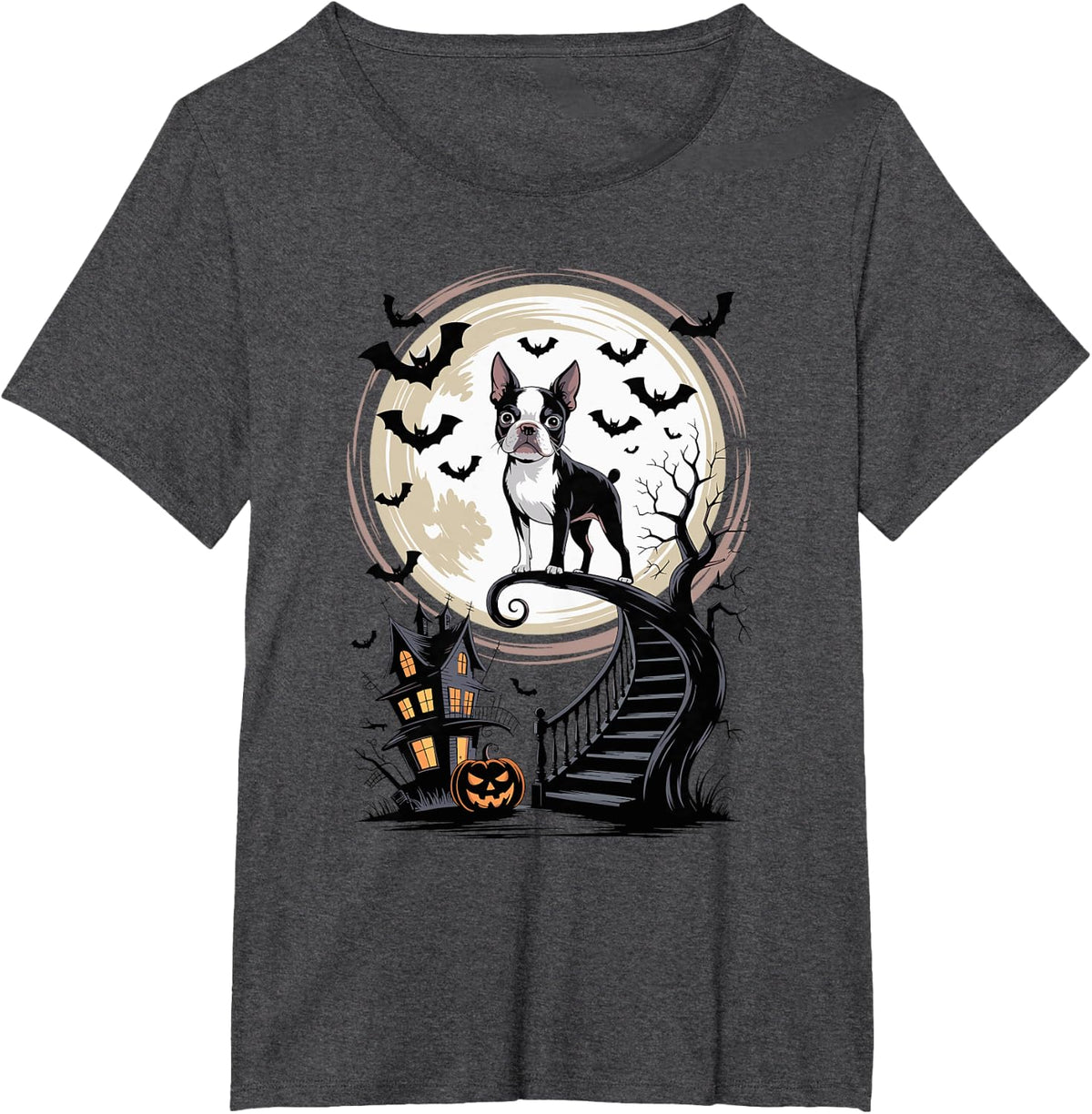 Spooky Halloween Moon Boston Terrier Boston Bull Bostie T-Shirt - Dark Heather Grey