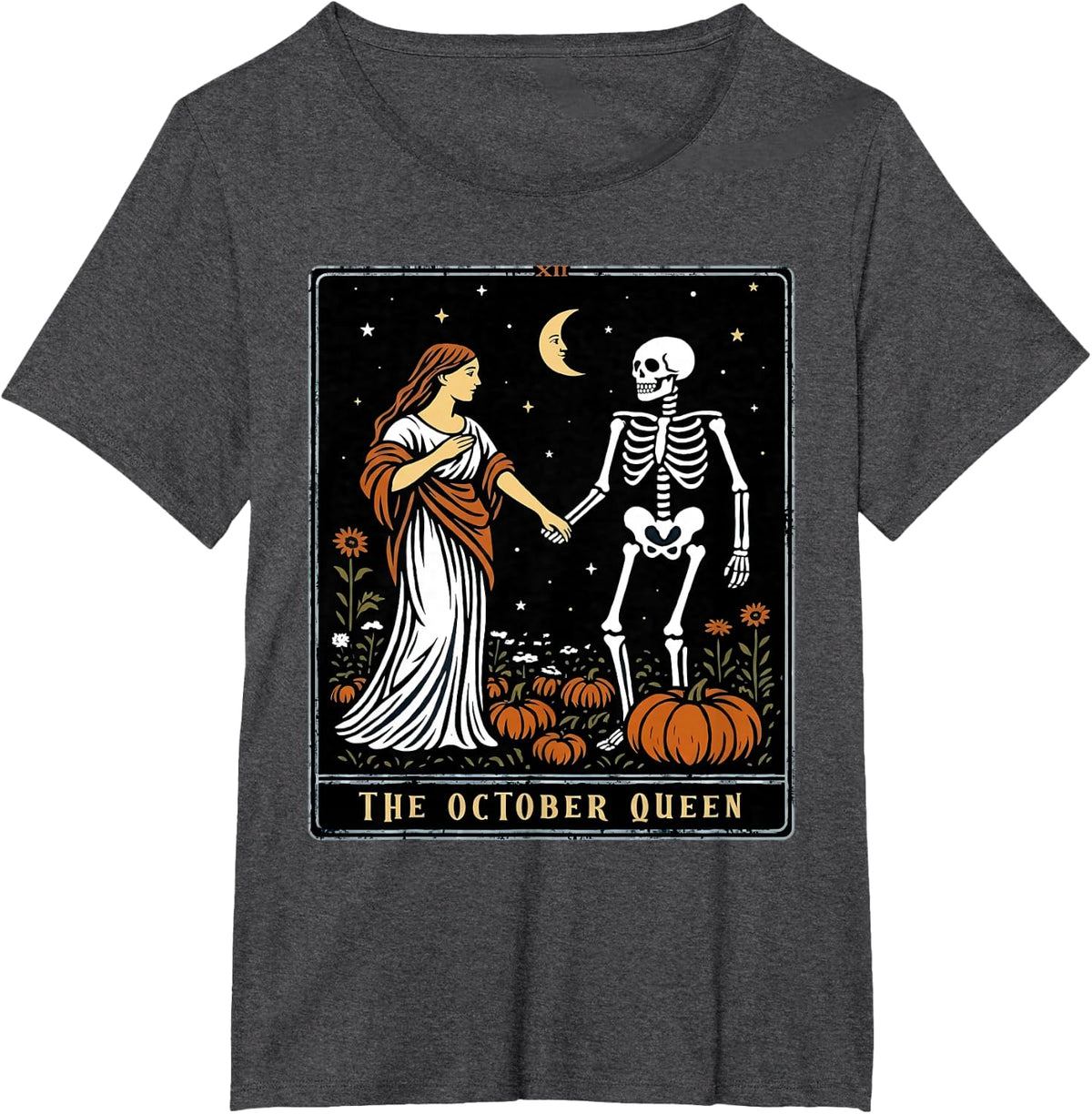 The October Queen Tarot Card Halloween Skeleton Aesthetic T-Shirt - Dark Heather Grey