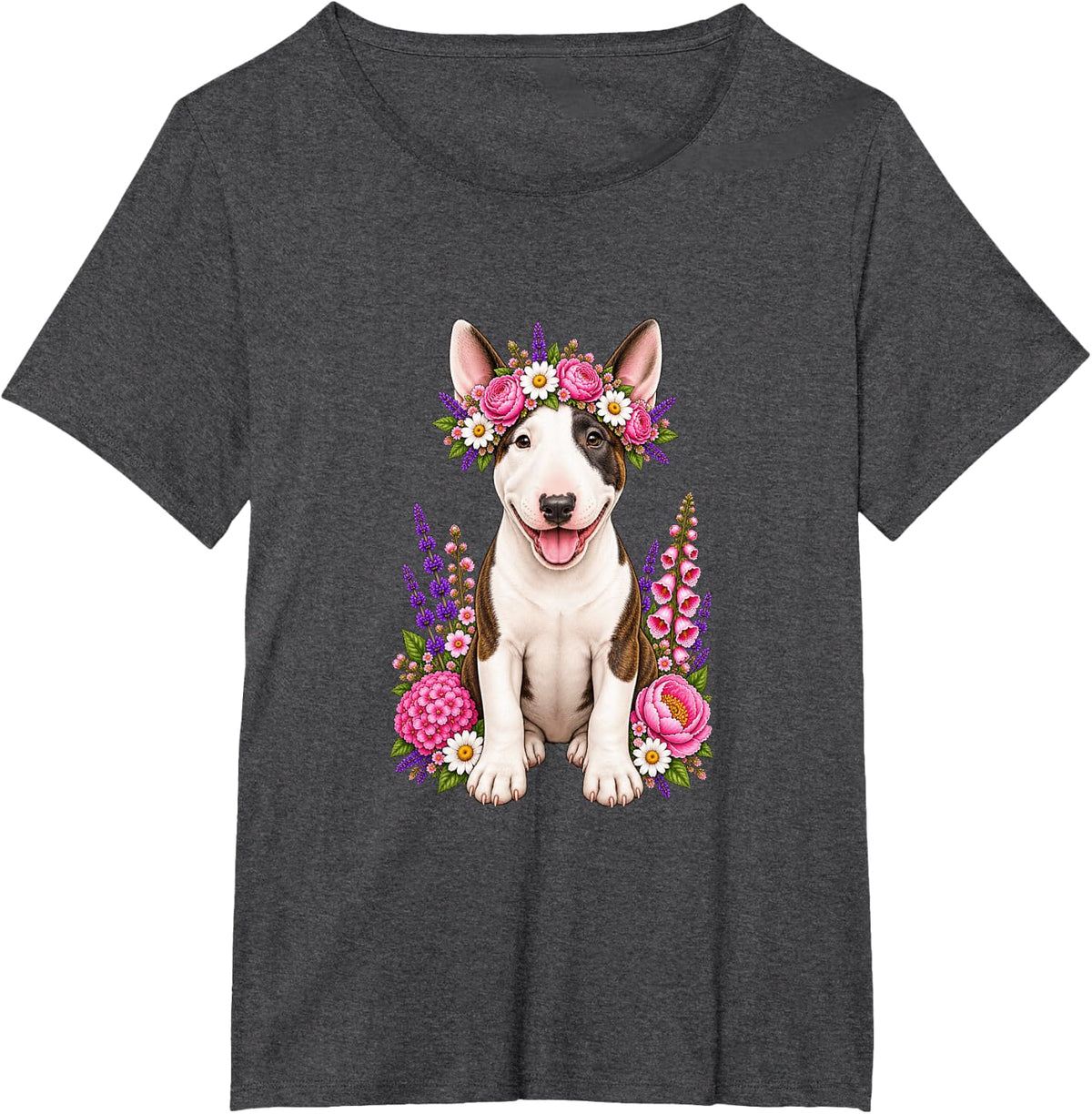 Bull Terrier Cute Floral Puppy Crown Flowers Adorable Dog T-Shirt - Dark Heather Grey