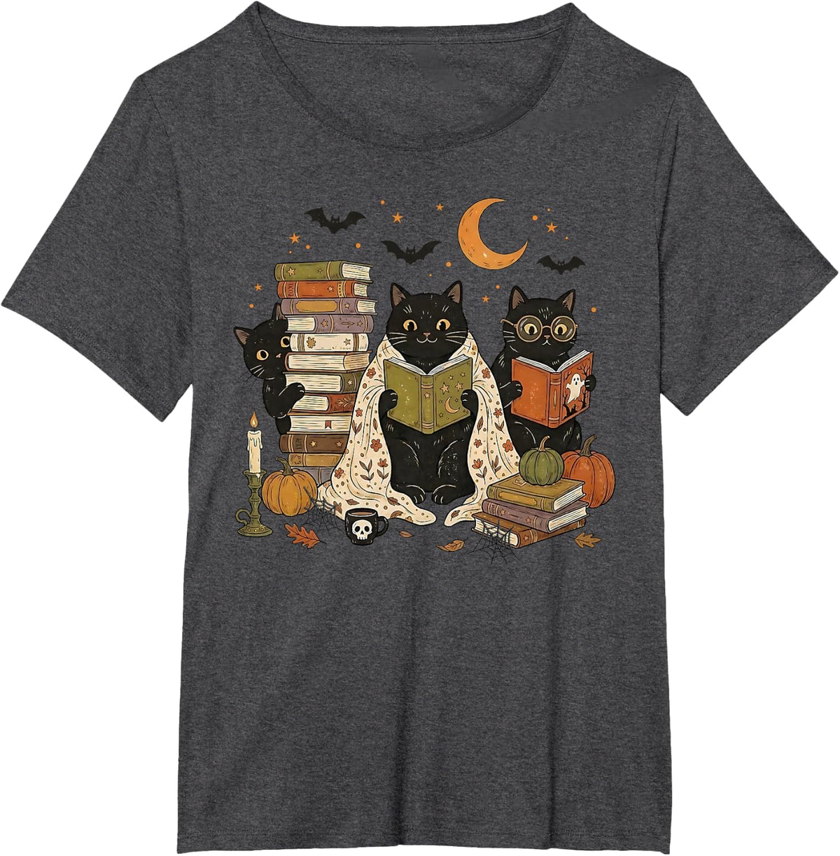 Cute Ghost Cat Reading Books Bookish Lover Halloween Spooky T-Shirt - Dark Heather Grey