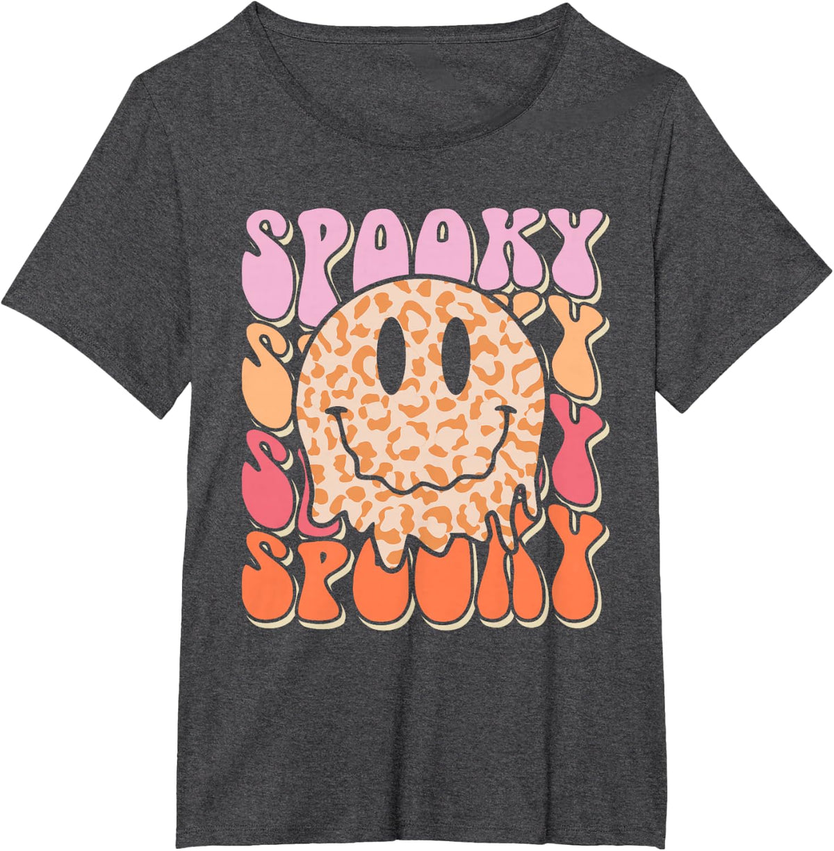 Groovy Halloween Spooky Leopard Smile Face Checkered T-Shirt - Dark Heather Grey