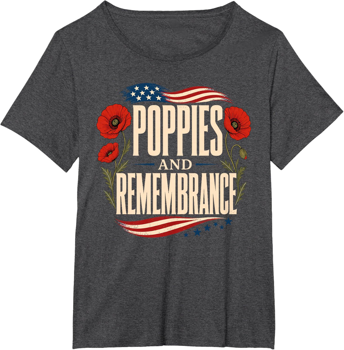 Poppies and Remembrance Flag Memorial Day T-Shirt - Dark Heather Grey