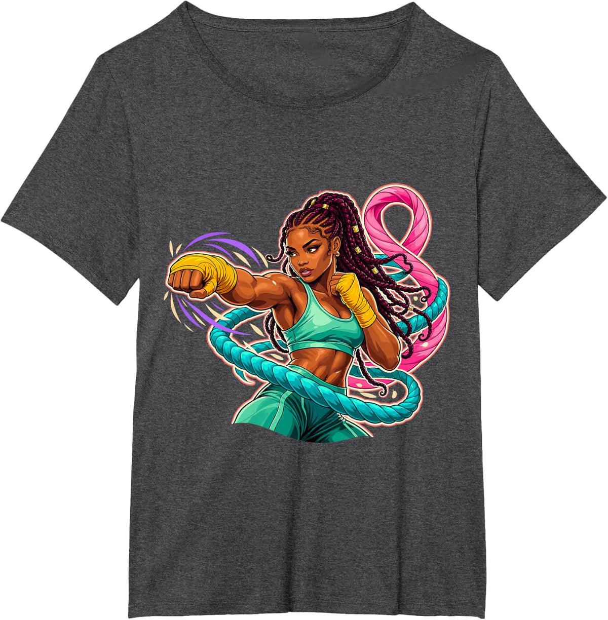 Powerful Female Boxer with Pink Bow Awareness Support T-Shirt - Dark Heather Grey