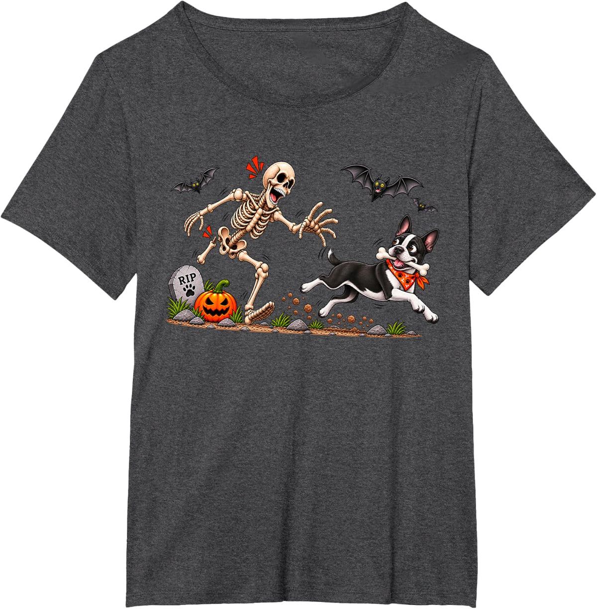 Funny Boston Terrier Stealing Bone from Skeleton Halloween T-Shirt - Dark Heather Grey
