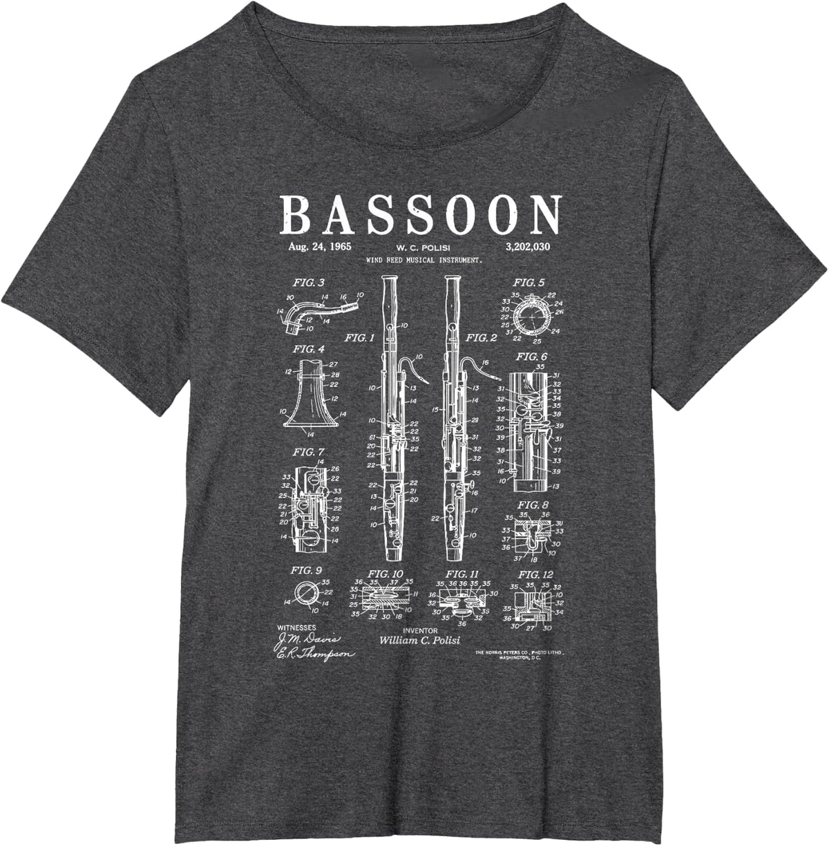 Vintage Bassoon Player Patent Blueprint Bassoonist Musician T-Shirt - Dark Heather Grey