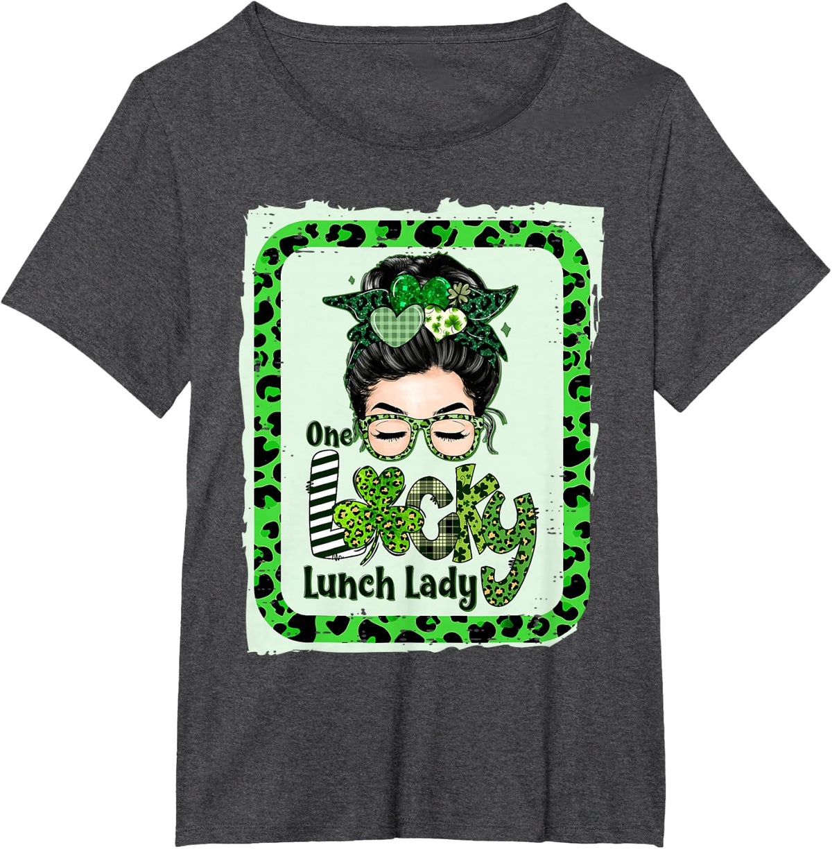 One Lucky Lunch Lady Messy Bun Shamrock St Patrick’s Day T-Shirt - Dark Heather Grey