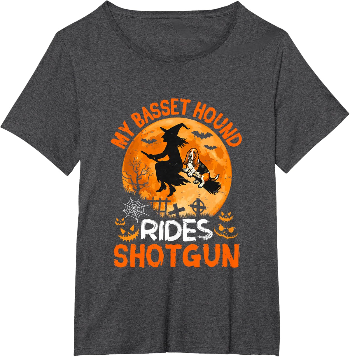 My Basset Hound Rides Shotgun Halloween Witch On Broomstick T-Shirt - Dark Heather Grey