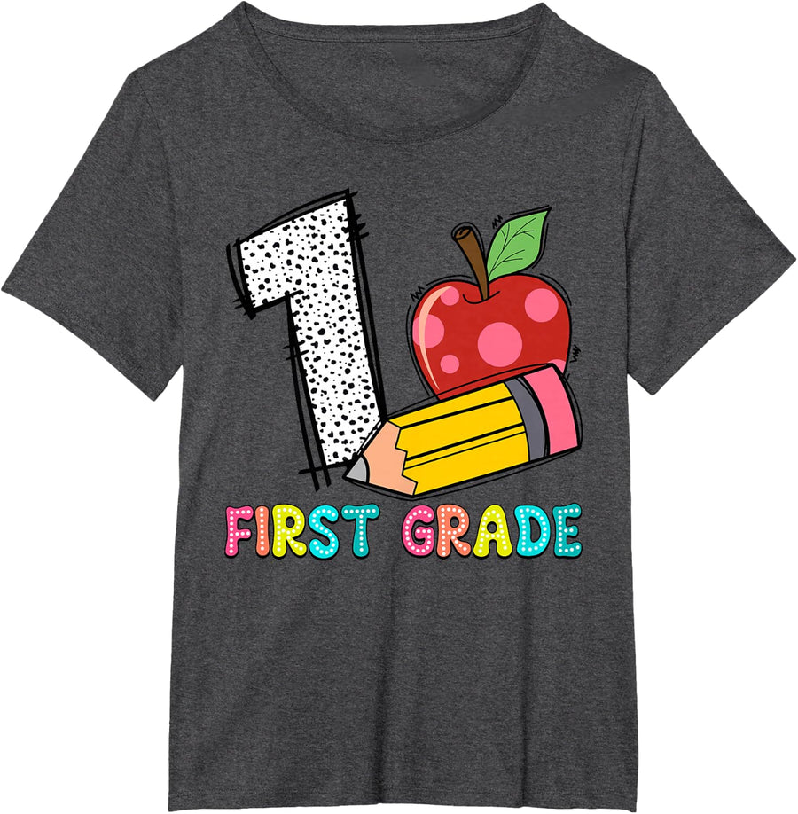 1 Is For First Grade Teacher Pencil Apple Back To School T-Shirt - Dark Heather Grey
