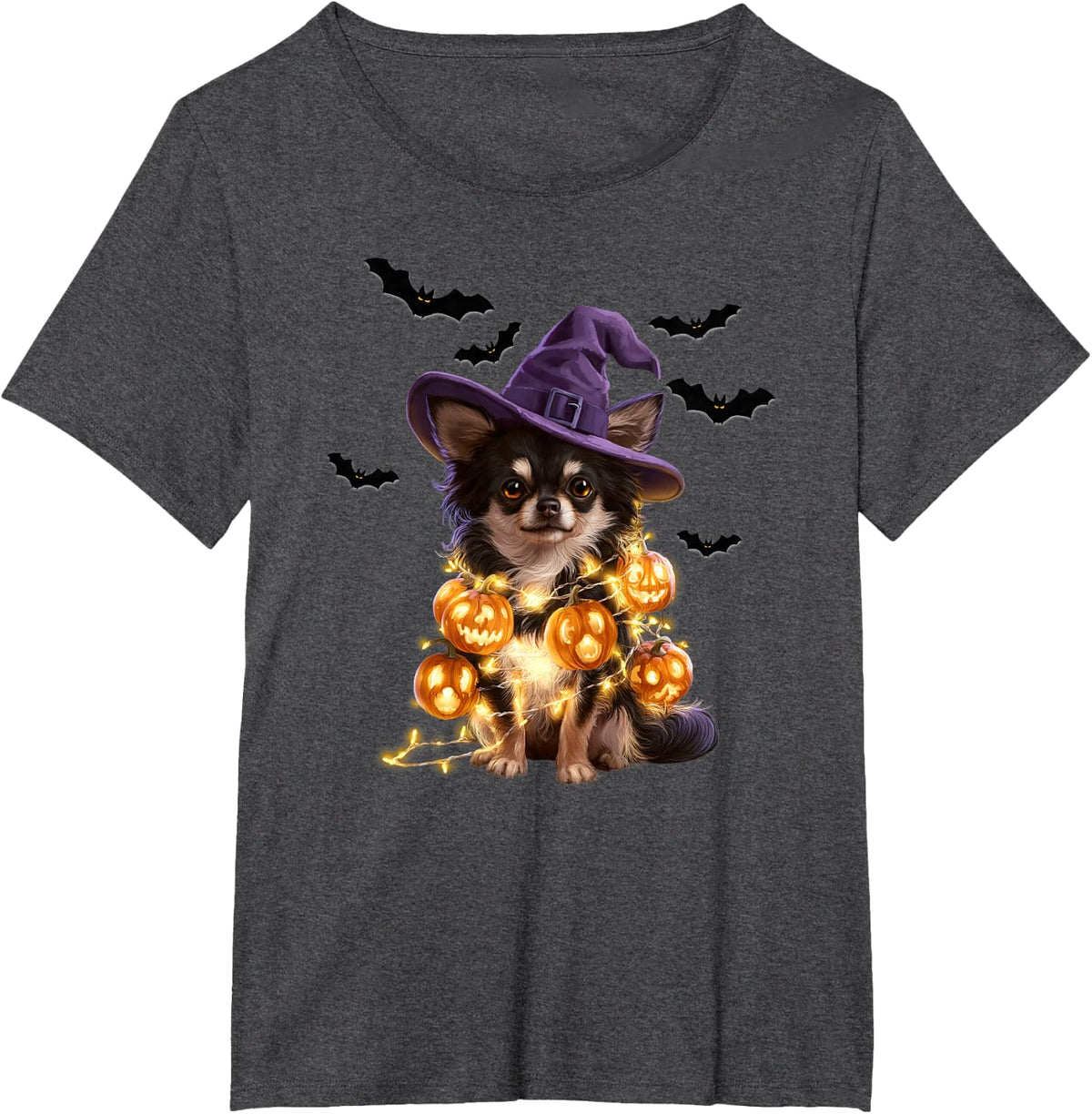 Cute Chihuahua Glowing Pumpkin Light Funny Dog Halloween T-Shirt - Dark Heather Grey