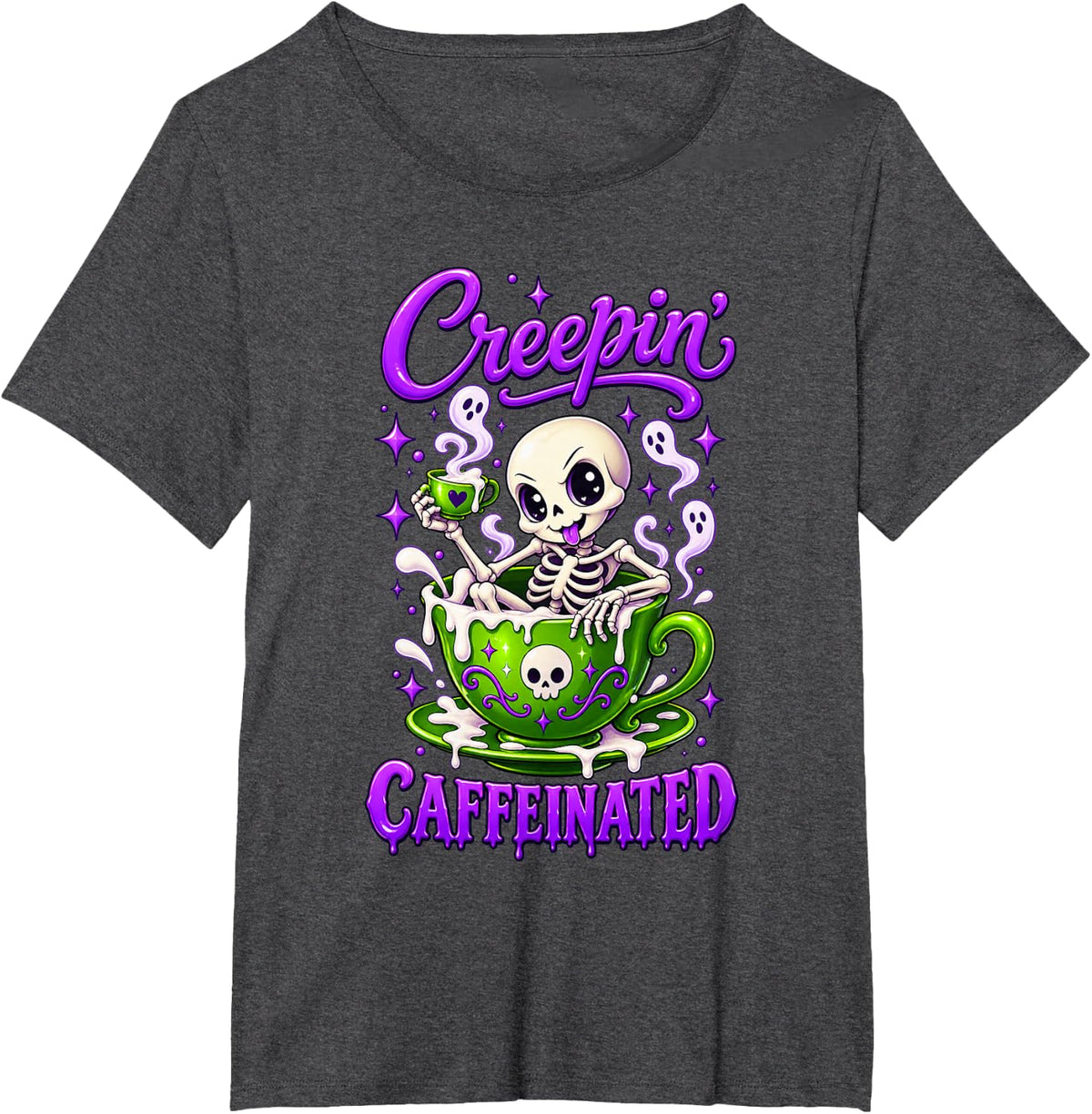 Creepin Caffeinated Cute Skeleton Ghost Coffee Spooky Season T-Shirt - Dark Heather Grey